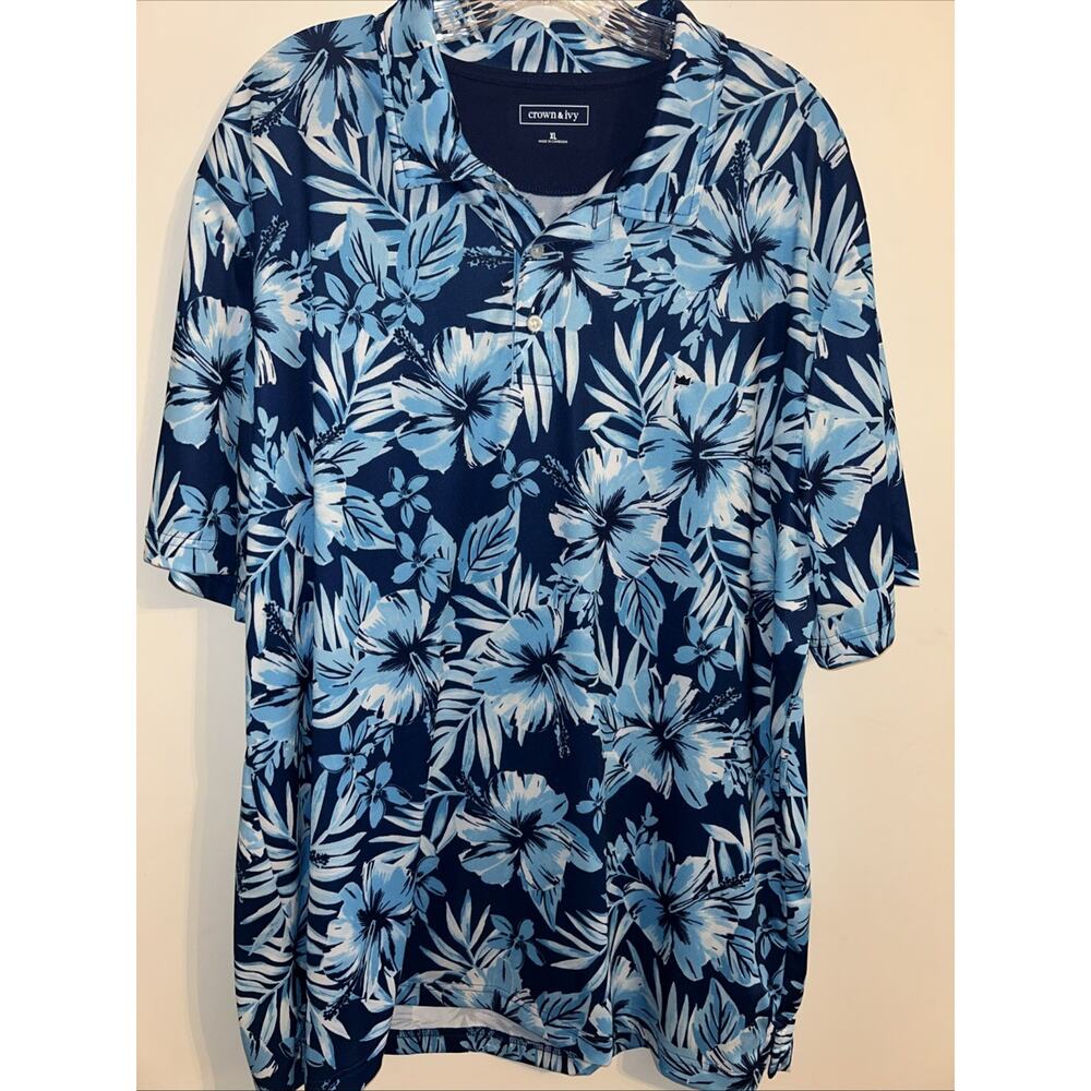 Crown & Ivy Mens XL Blue Polo Tropical Floral Hibiscus Golf Shirt Sleeve